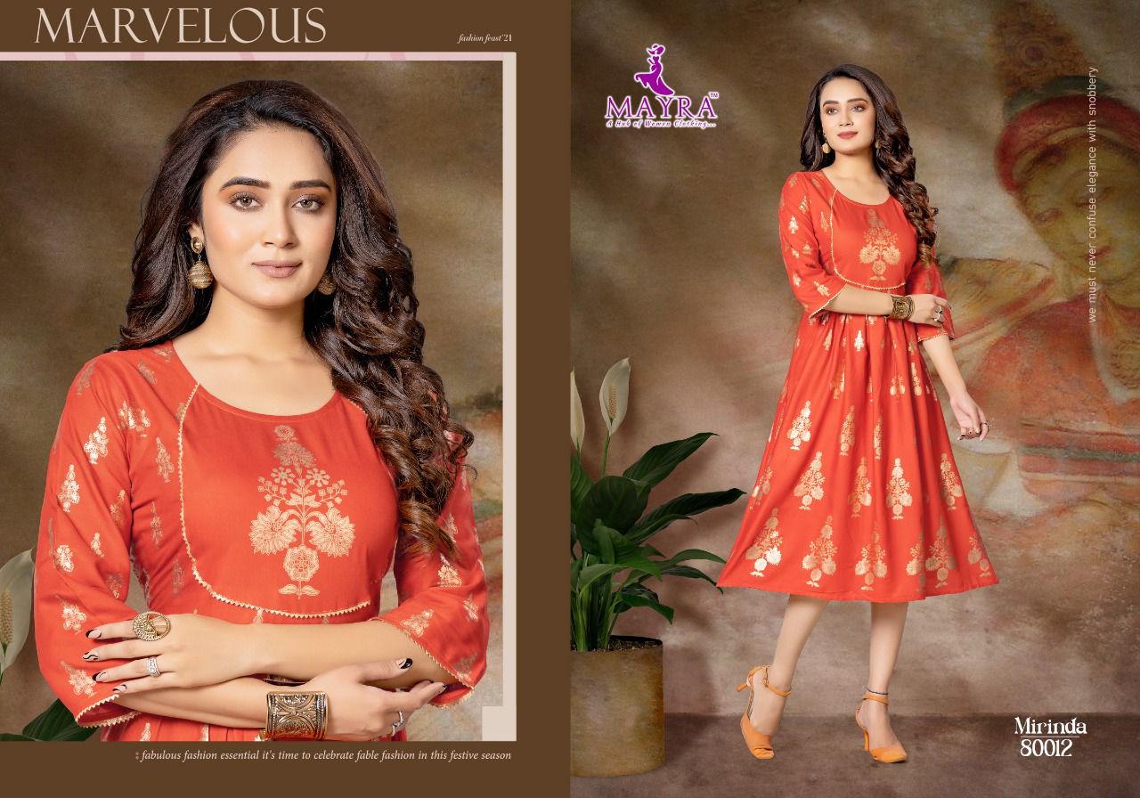 Mayra Mirinda Rayon Printed Ethnic Wear Anarakli Kurti Collection